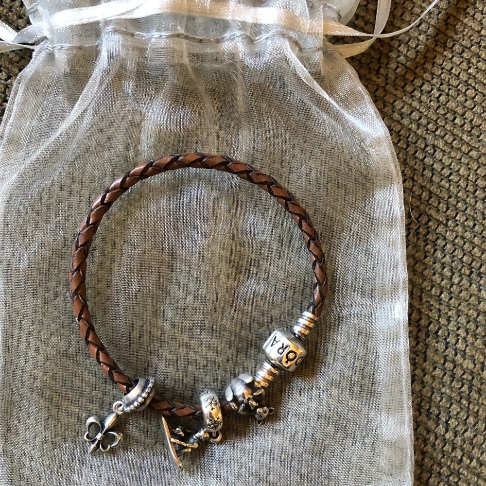 Brown Pandora Leather Bracelet w/ 3 Retired Pandora Charms
